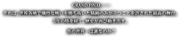 3年ぶりに復活するGRAND FINAL。世界各地で熾烈な戦いを制してきた強者たちだけが出場できる世界一の舞台。そこに待っているのは'勝利の至福'と'敗北の絶望'のみ。